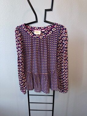 Maeve Purple and Pink Patterned Peplum Long-Sleeve Top